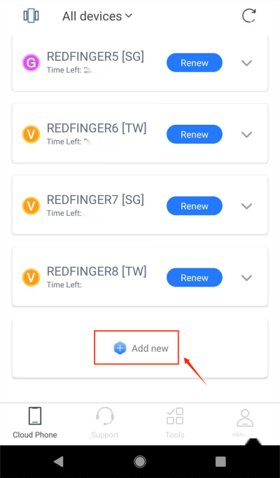 add new redfinger cloud phone